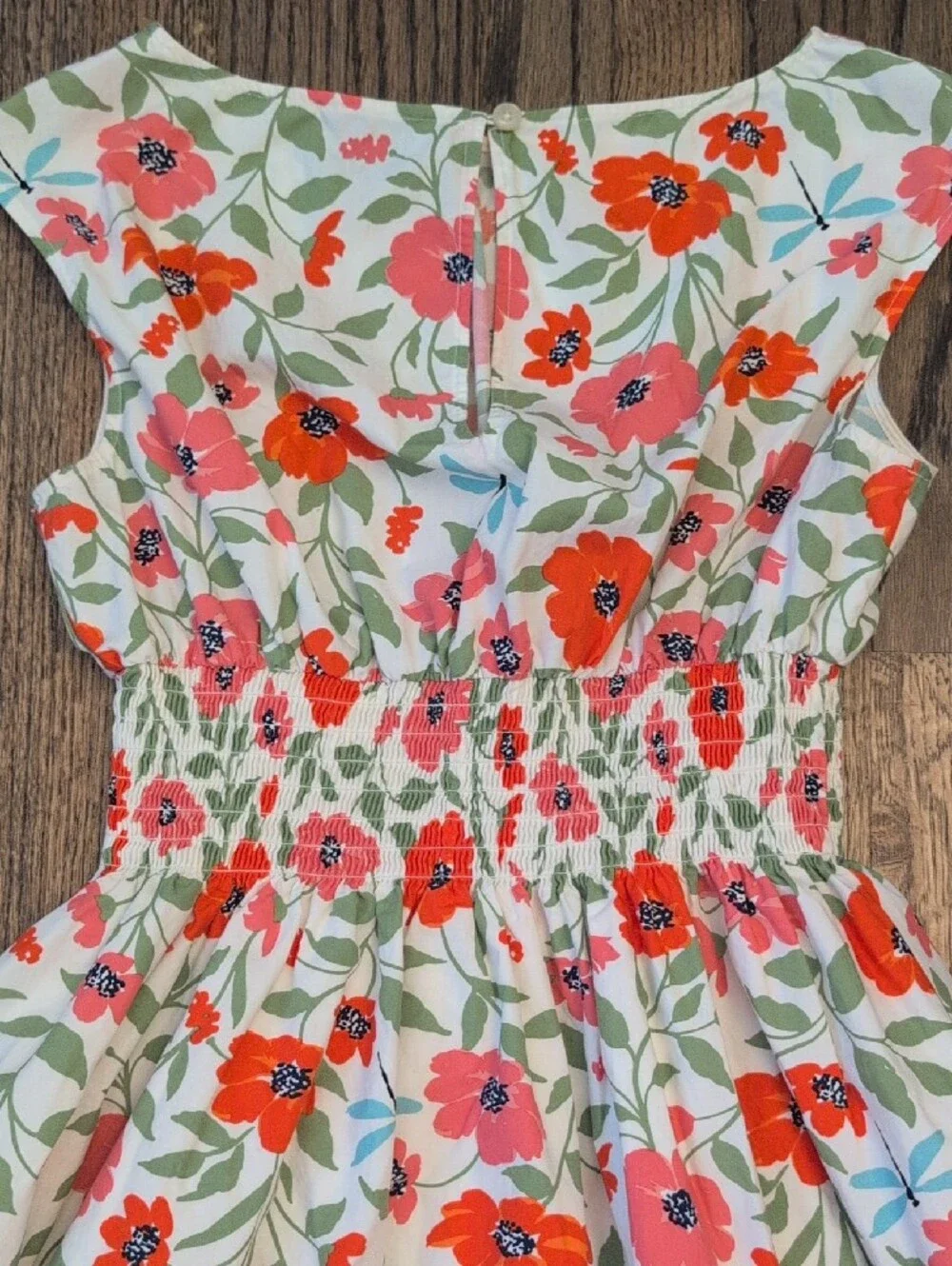 Kate Spade New York Floral Smocked Waist Dress in Coral, Pink, Green